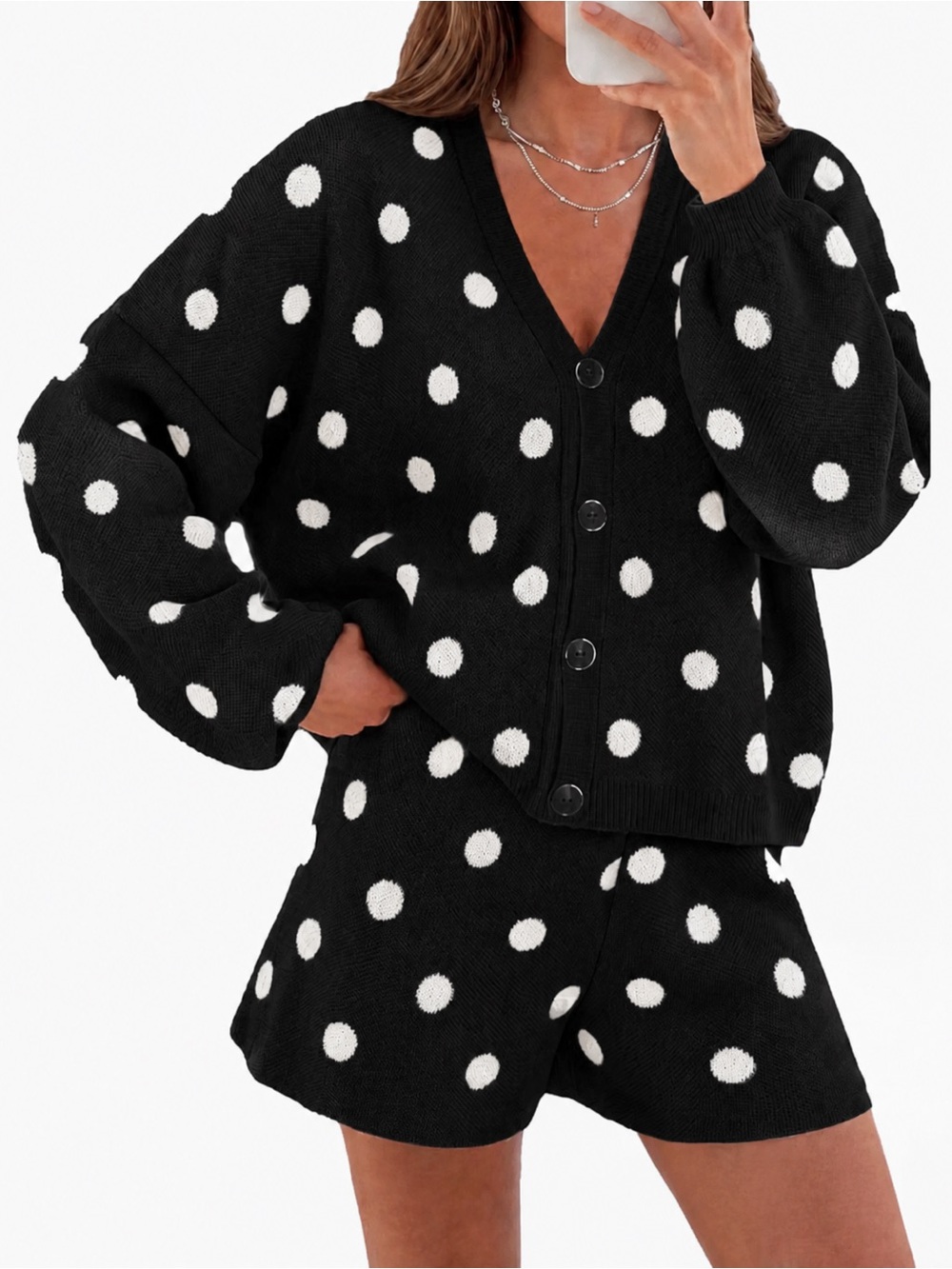 KNIT CARDIGAN SET | Women’s Black and White Polka Dot
